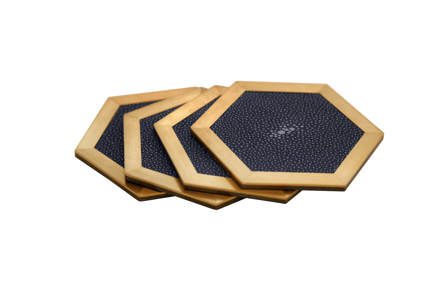 Coaster Hexagonal - Midnight Blue Collection - Shagreen / Brass - Set Of 4