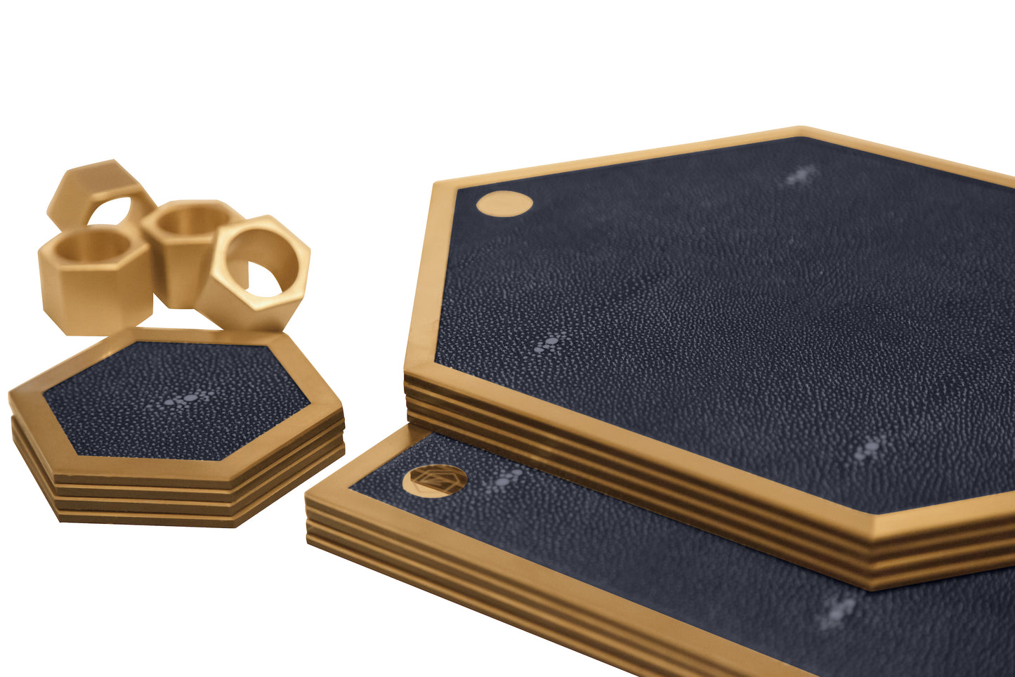 Placemat Hexagonal - Midnight Blue Collection - Shagreen / Brass - Set Of 4