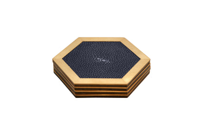 Coaster Hexagonal - Midnight Blue Collection - Shagreen / Brass - Set Of 4