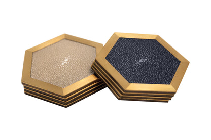 Coaster Hexagonal - Midnight Blue Collection - Shagreen / Brass - Set Of 4